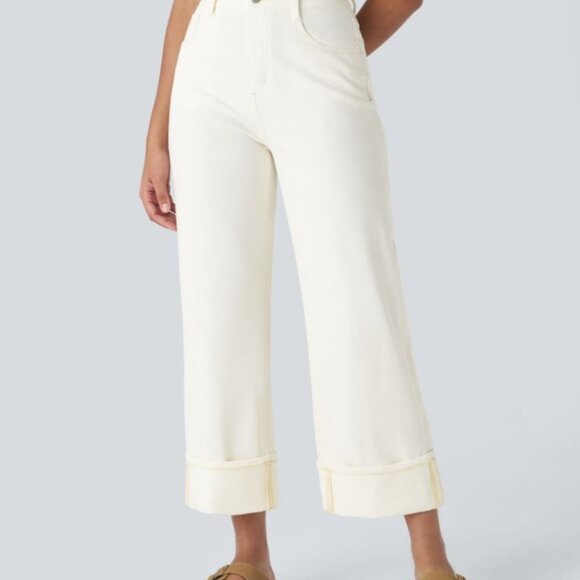 Halara Flex High Waisted Pockets Rolled Hem Wide Leg Washed Jeans Sz Small Tall - Picture 1 of 9